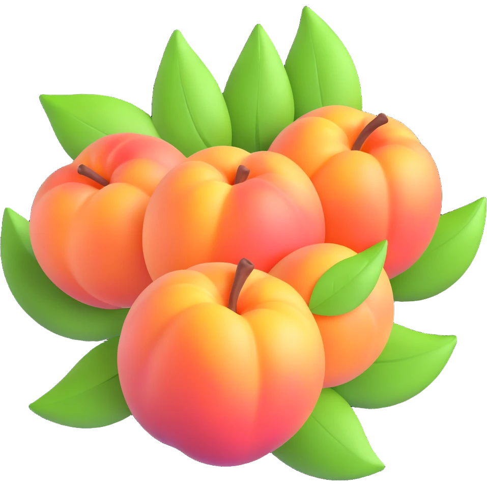 Three realistic peaches with green leaves, arranged together, in 3D iOS emoji style, soft gradients, glossy finish, no background. emoji