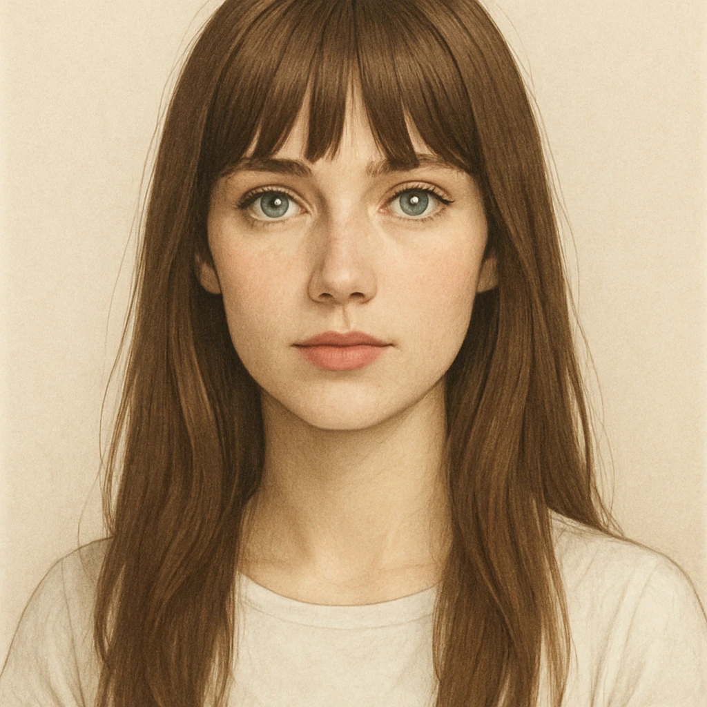 portrait of a white woman with long straight brown hair and bangs, blue-grey eyes, wearing a white top, neutral background, illustration emoji