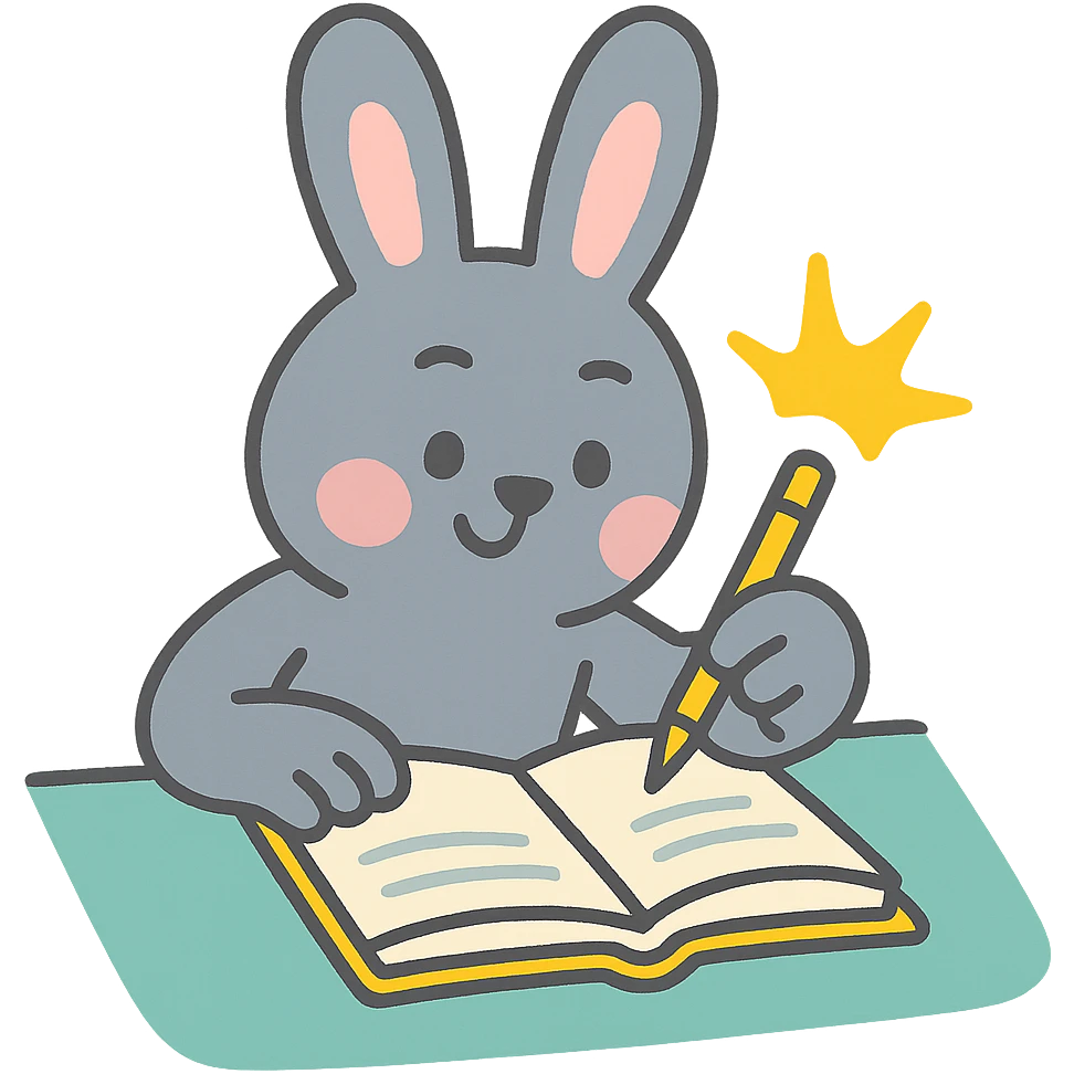 gray bunny writing in notebook with spark of light, pastel-toon style emoji