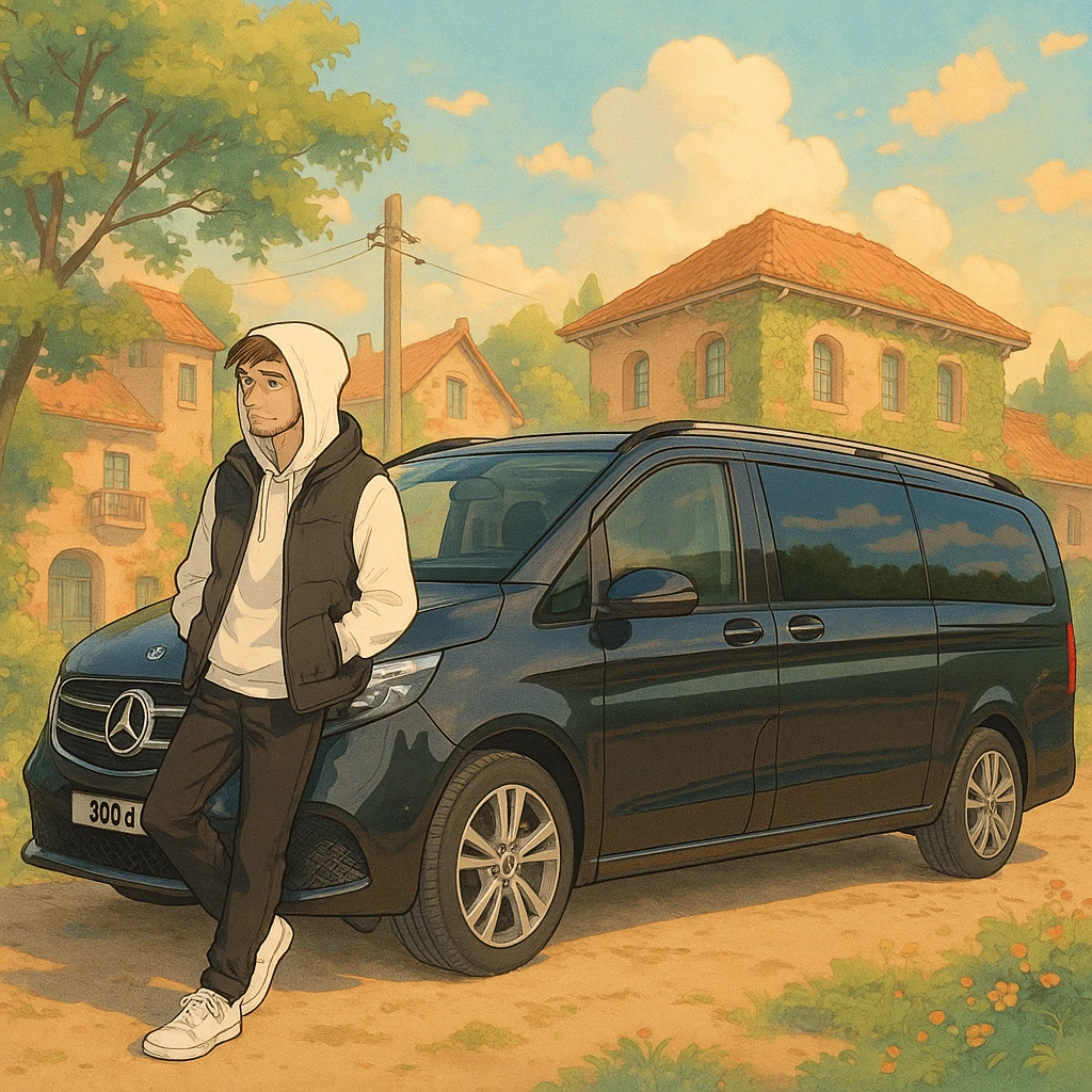 fashionable man with white sneakers, black pants, white hoodie, black vest, hood up, leaning on a black 2024 Mercedes-Benz V-Class Extra Long 300 d, ghibli-inspired style emoji