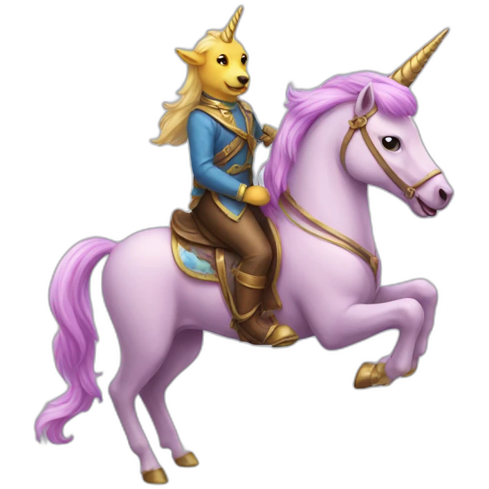 A dog riding a unicorn emoji