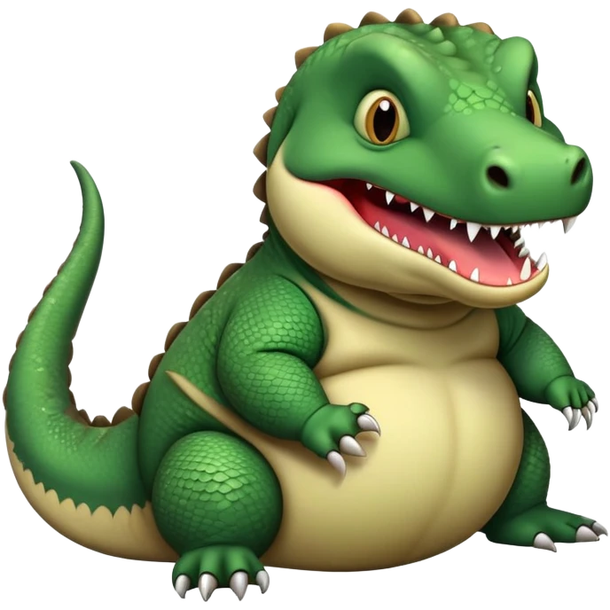 A very chubby, overfed komodo dragon with a round belly, making a hiccup expression with its mouth open slightly emoji