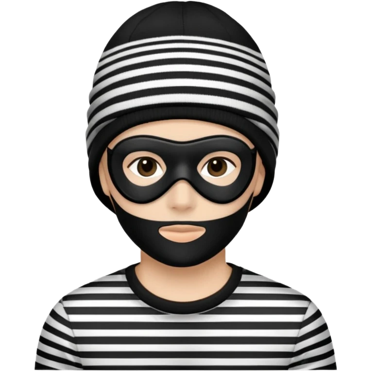 Un ladrón con antifaz negro camisa de rayas blanca con negra conjunto gorro negro emoji