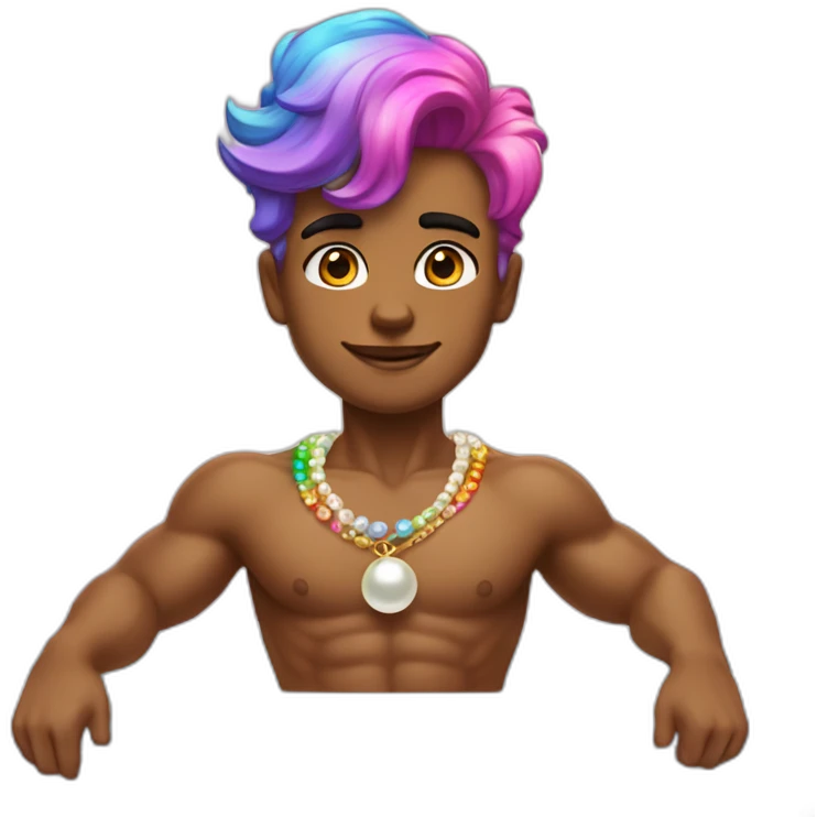 Posh-muscle-boy-with-pearl-necklace-and-rainbow-unicorn-hair-in-golden-bathtub emoji