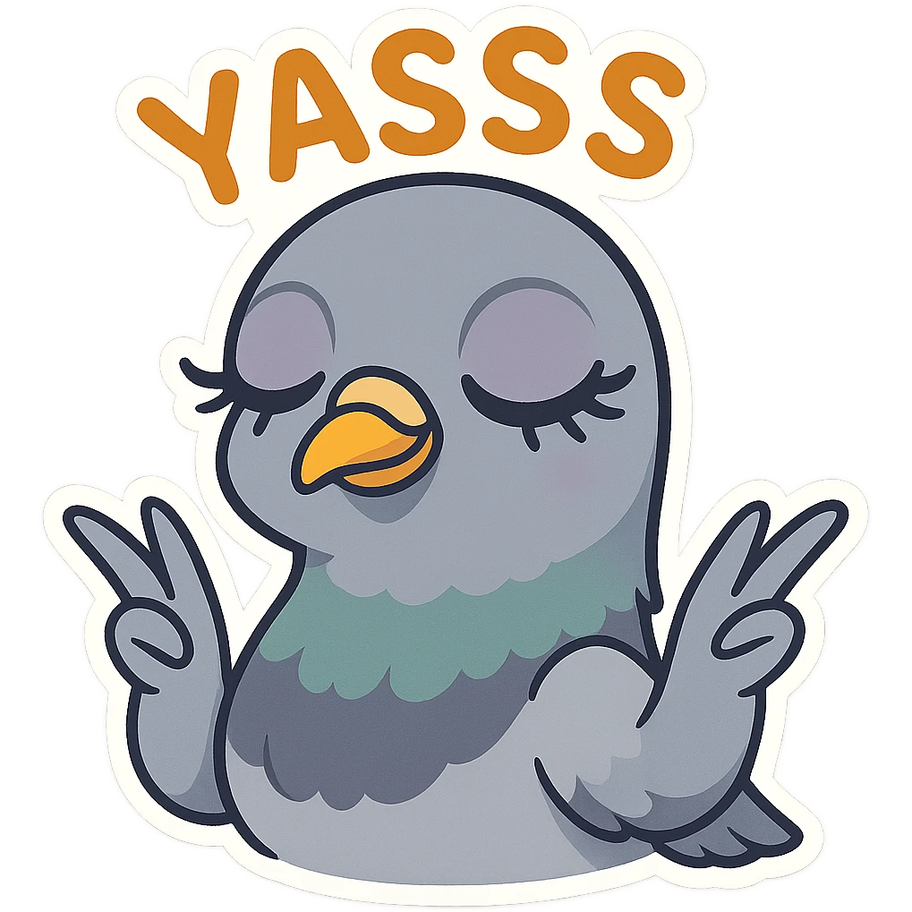 pigeon head with long eyelashes and sassy 'yasss' hands, expressive, fun, cartoon style emoji