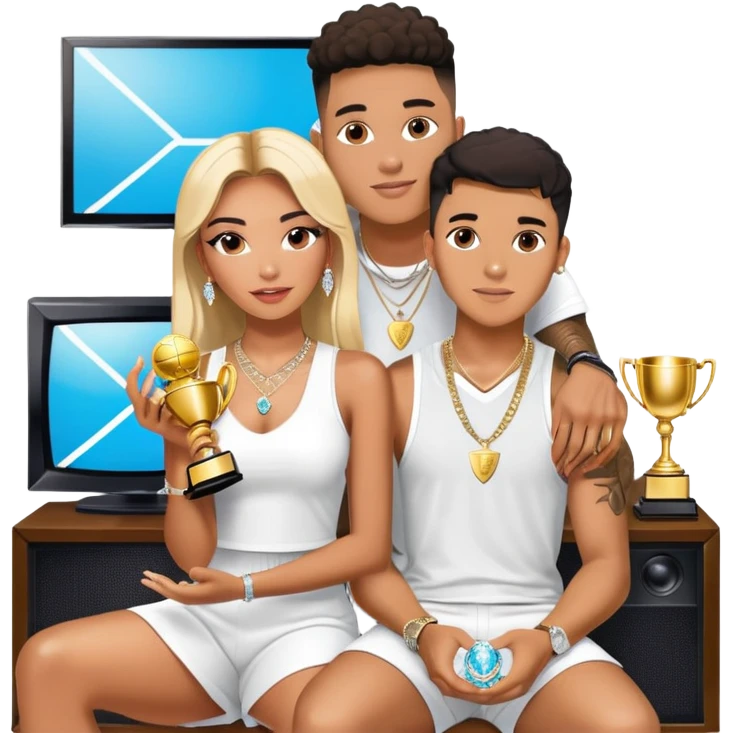 Breaking news Internet celebrity Josh King Madrid jetset wearing shiny diamond earrings and sparkly iced out diamond tennis necklace chains with Instagram model girl tefi valenzuela sitting with him holding gold internet celebrity trophy on tv show in Miami emoji
