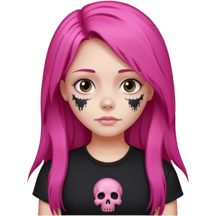 Girl with dark pink long hair wearing a black tshirt  with pink skull print emoji