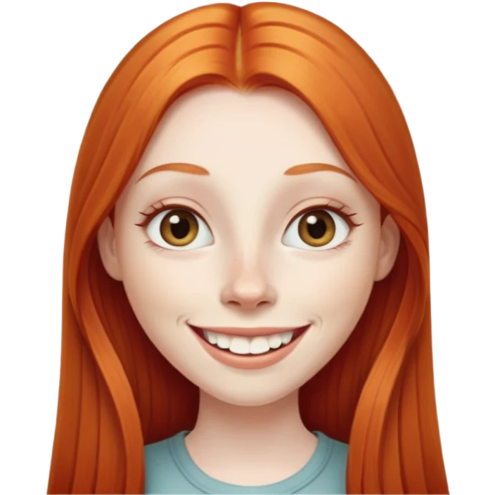 traditional emoji of young girl with very pale skin, long straight bright ginger red hair, elongated almond-shaped eyes, long nose, big smile with large prominent teeth showing, classic round face emoji