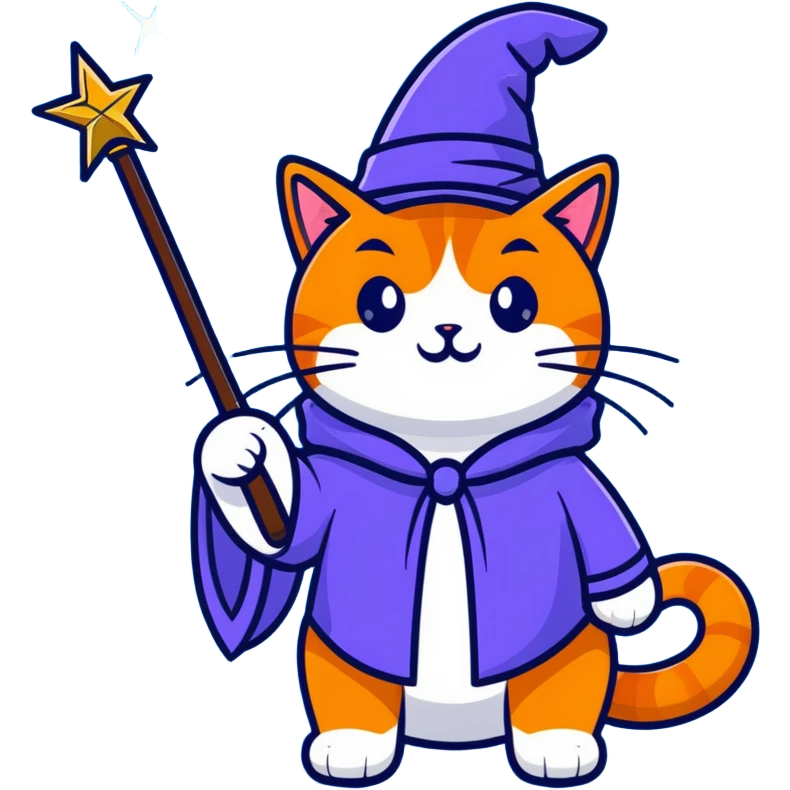 orange cat wearing wizard hat with magic wand emoji