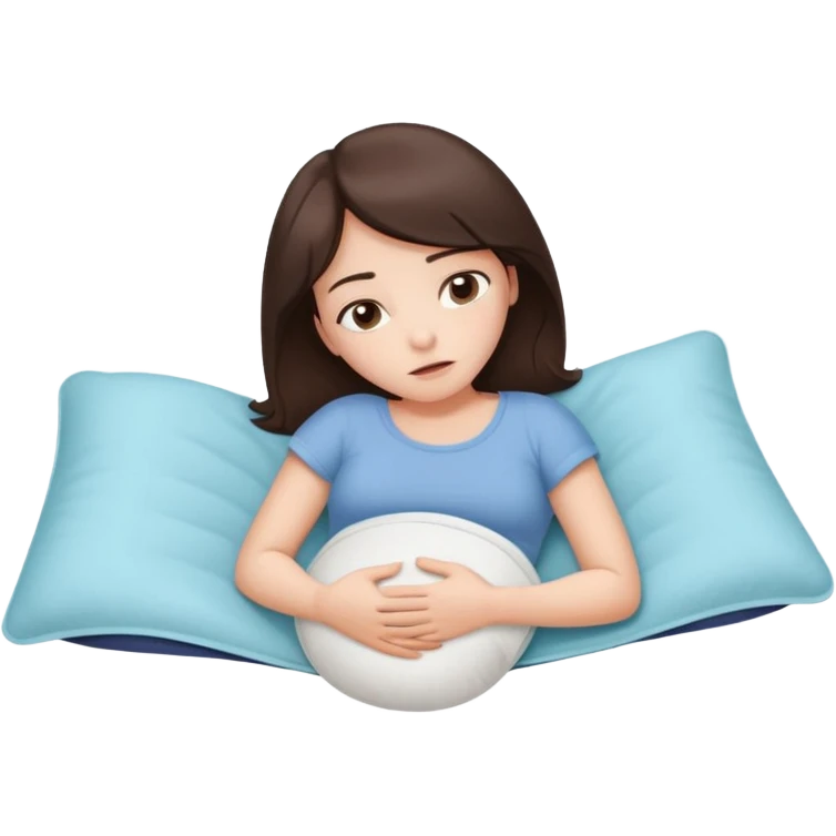  a brunette girl lying down on her side, holding a warm heating pad against her lower belly. She's uncomfortable and sad, her posture should show she’s having menstrual cramps. Use simple lines, rounded shapes, soft colors, and a clean emoji aesthetic. Make it expressive but still adorable emoji