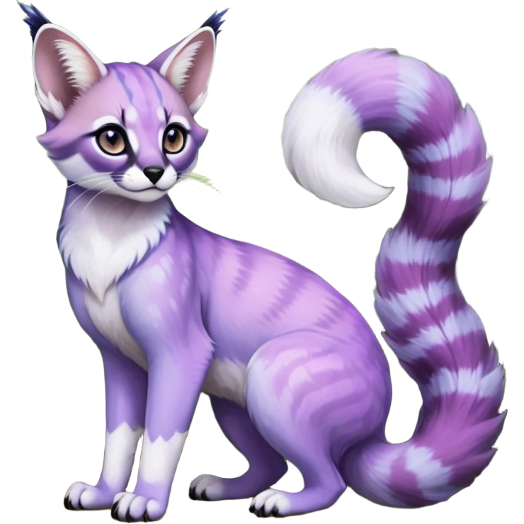 Colorful dark tropical pastel-lilac-lavender-violet iridescent pastel white glorious divine exotic cute cool beautiful shiny beautiful fantasy-caracal-civet-genet-sergal-vernid-Cacomistle-oncilla-animal-Fakémon-hybrid-fursona (full body) emoji