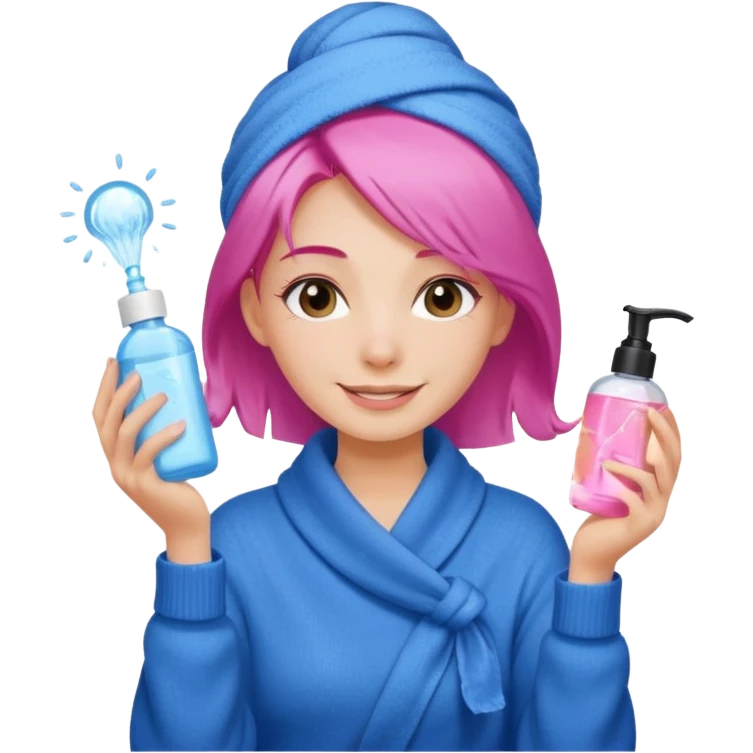 A girl grabbing a pink hair serum with a white shower towel in her hair with skincare on her face dressed in a blue sweater emoji