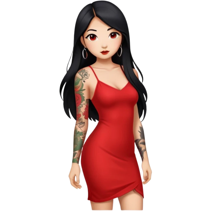 Beautiful Asian girl with long black hair and body tattoos wearing a red dress emoji