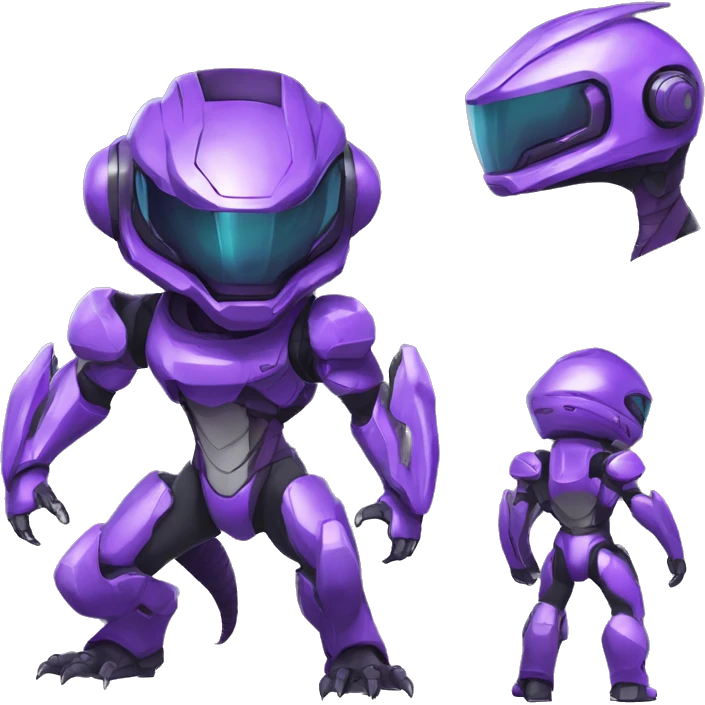 A purple Reptile-Raptor-Genesect-Mewtwo-Fakémon, with a futuristic visor-helmet, wearing a techwear-suit, Full Body emoji