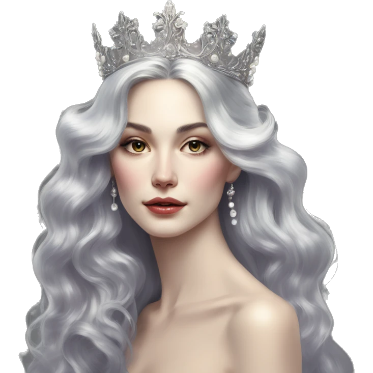 Regal pretty slender woman photograph defined cheekbones high cheekbones crown vintage with very long iridescent black and silver hair wavy long hair pearl crown iridescent emoji