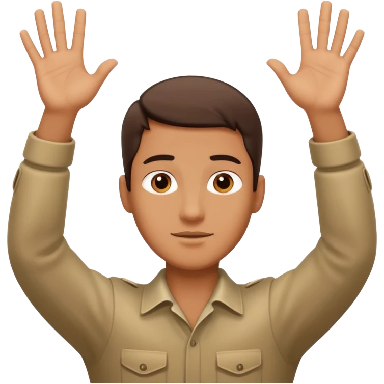 man with hands raised in surrender, neutral face emoji