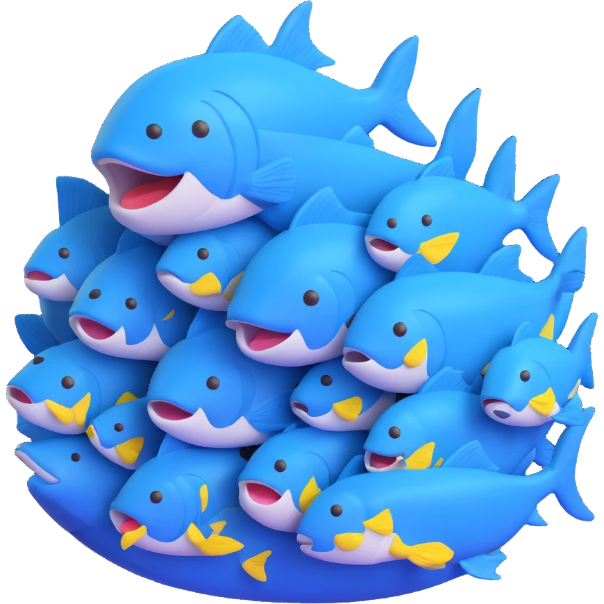 large pile of blue fish, 3D emoji style, no pedestal emoji
