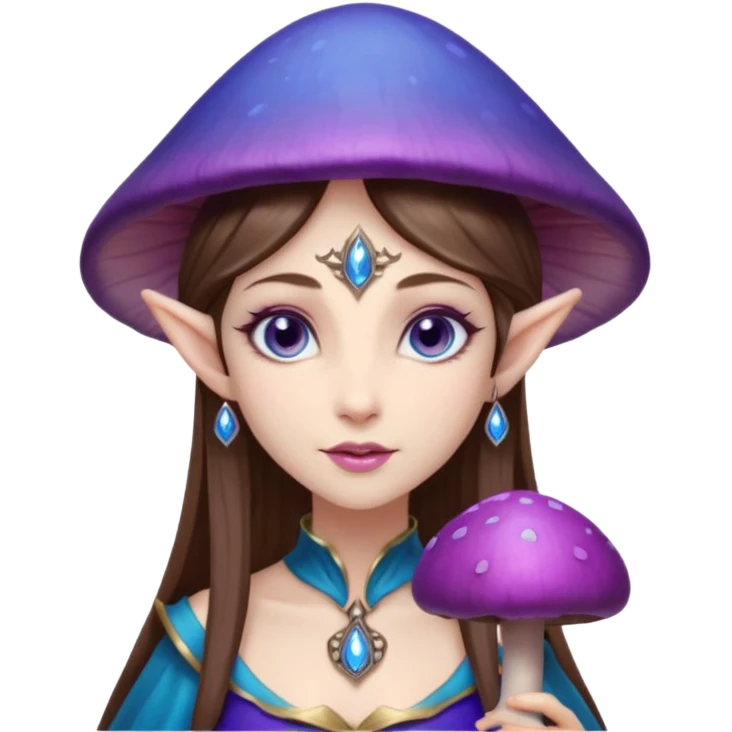 Hyper realistic purple mushroom top elf mage fairy queen pale skin brown hair and blue-eyes emoji
