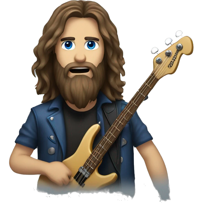 Brown long hair, blue eyes, beard, bass player, metal emoji