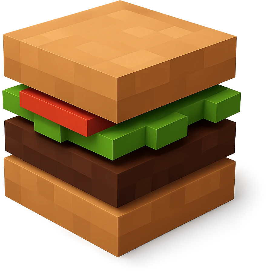 A hamburger with bun, patty, lettuce and tomato in geometric minimalist 3D block design emoji
