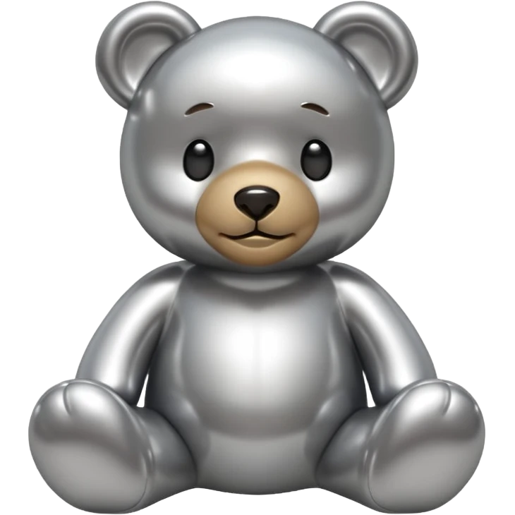 A cute teddy bear emoji made of liquid silver chrome, smooth rounded body, glossy metallic surface, soft reflections, friendly proportions, iOS emoji style, centered, clean white background emoji