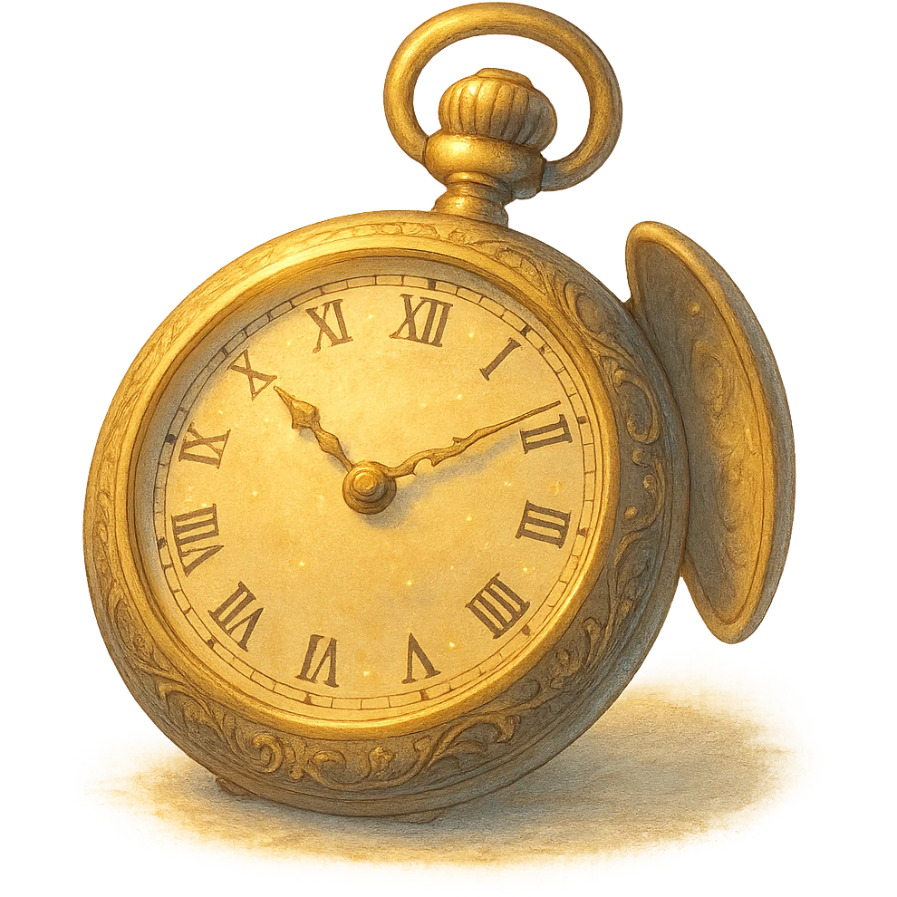 golden pocket watch with delicate engravings, dreamy lighting, nostalgic and magical, no background emoji