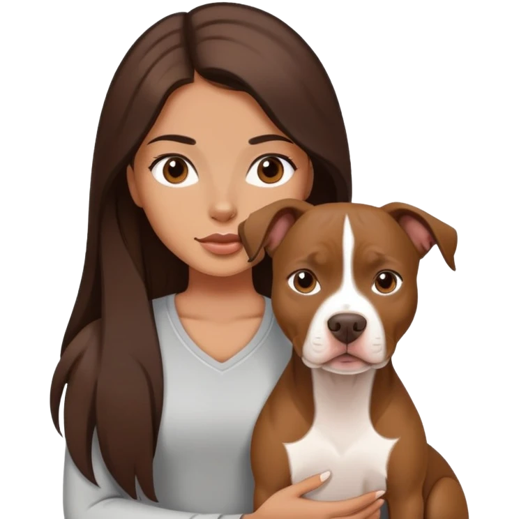 girl with dark brown long hair with her pitbull dog brown and white emoji