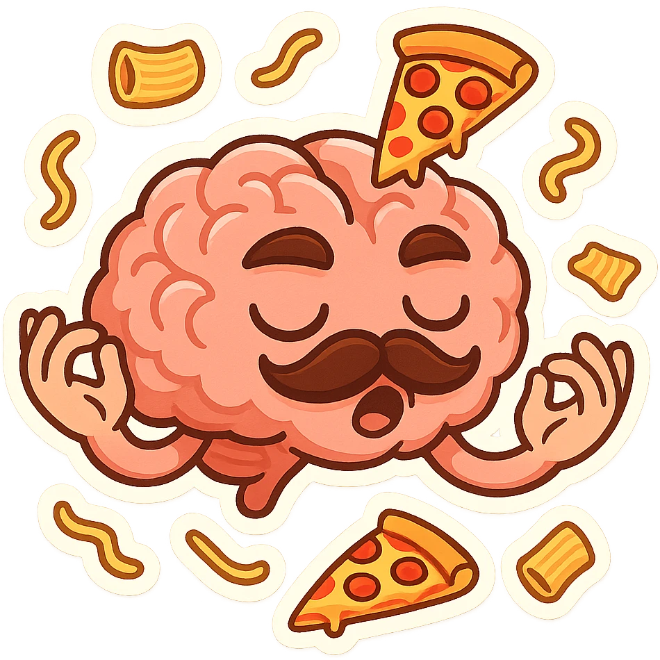brain with mustache and expressive hands passionately gesturing as if speaking Italian with floating pasta and pizza slices around, vibrant meme-inspired style emoji