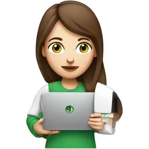 Web designer carrying a pc in her hands. white woman with medium-length brown hair, green eyes and freckles on her nose. emoji