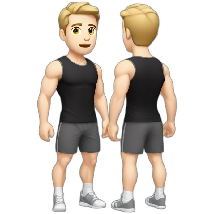 Confused Pale skinned Fit Man With the biceps and dark brown hair in black shirt, gray sports shorts and white Sneakers emoji