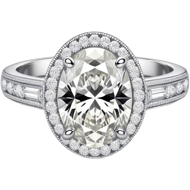 platinum oval diamond engagement ring with white diamond halo and white diamond band emoji