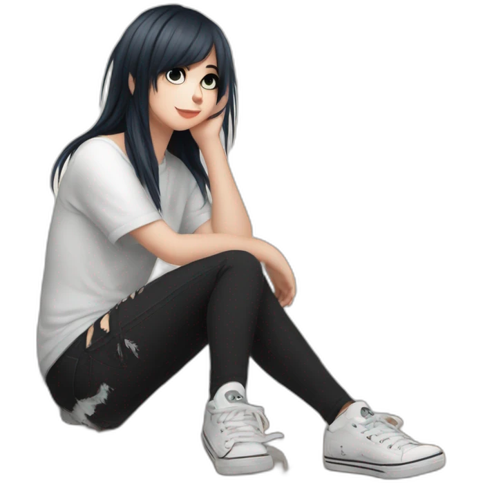 Full body curvy emo girl sits on the floor черная юбка белые трусики рваные полосатые чулки emoji