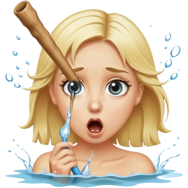 blond woman with wide eyes, holding a wide skin-colored stick with a prominent round knob on the edge, water squirting from the knob into her mouth, shocked face emoji