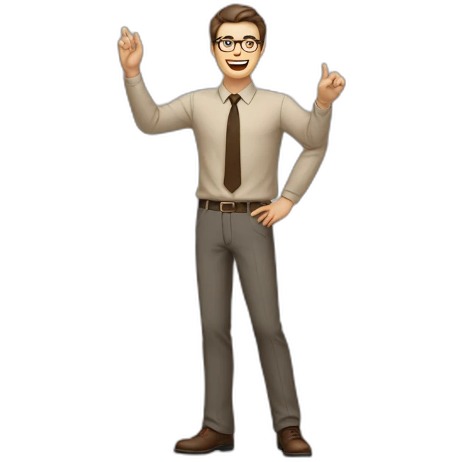 To belt Actively gesturing with hands Pale skinned fit man teacher with dark brown hair in gray jacket, beige office shirt, brown tie, brown pants and vintage glasses. emoji