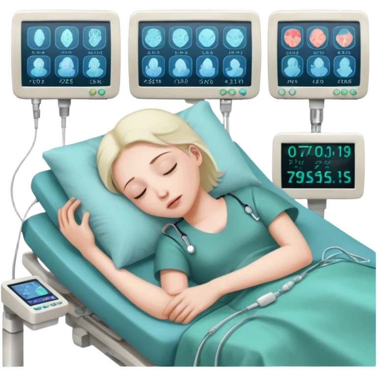 a PATIENT waking up before a surgery sleeping. And monitors with vitals and numbers emoji