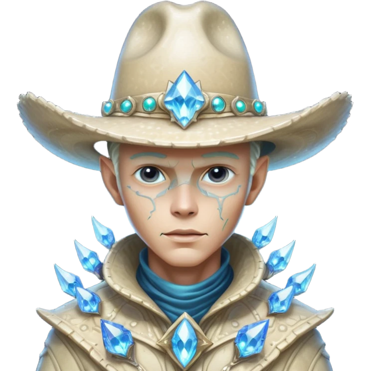 Portrait of a crystalline alien cowboy, face made of sharp translucent crystal structures, light refracting through edges, elegant cowboy hat carved from alien mineral, dramatic rim lighting, ultra detailed fantasy sci-fi portrait
 emoji