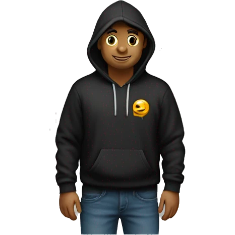 A guy wearing a black hoodie having right side of his chest a universal memento text logo emoji