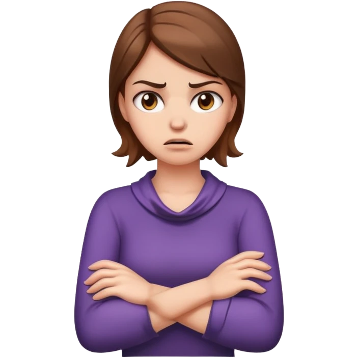 Angry brown haired white girl with hands crossed around her neck emoji