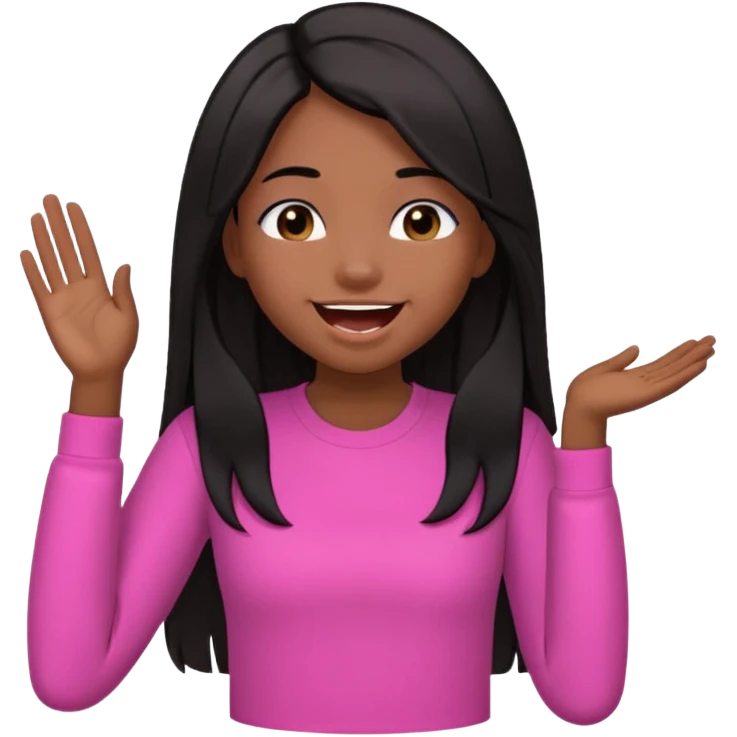 Chocolate brown girl wearing a pink shirt with long straight jet black hair giggling, she has one hand behind her back and one over her mouth  emoji