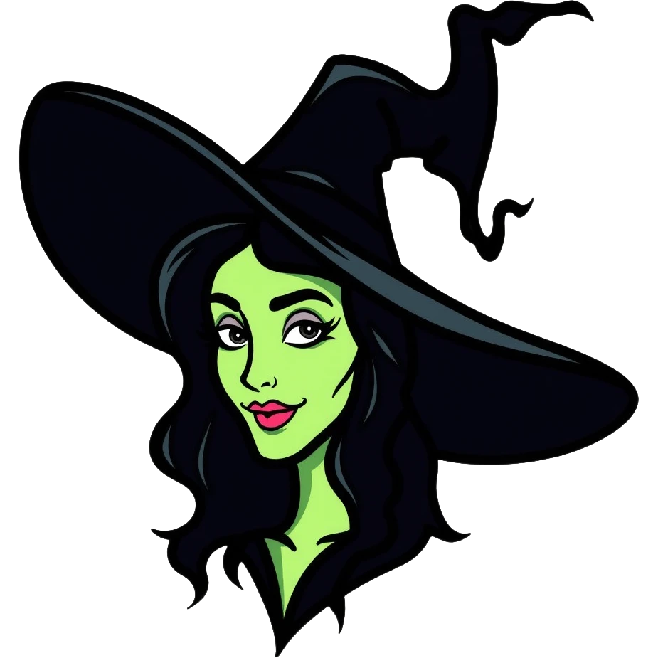 Elphaba witch face with green skin and black hat emoji