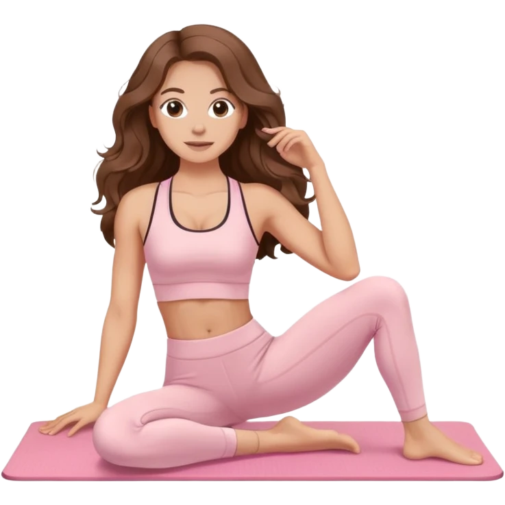 Long wavy brown hair Woman wearing light pink gym set Pilates emoji