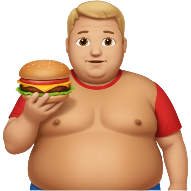 A very fat guy in an Alex Zero T-shirt, holding burgers, gives a like. emoji