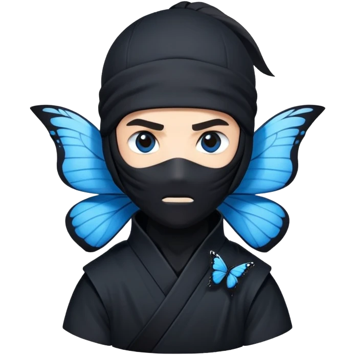 Emoji  con estos dos emojis 🦋 🥷🏻.
Ninja vestido de negro con los ojos de color negro y la piel blanca y con la mariposa azul posada en su hombro izquierdo como si estuviera volando en su hombro. emoji