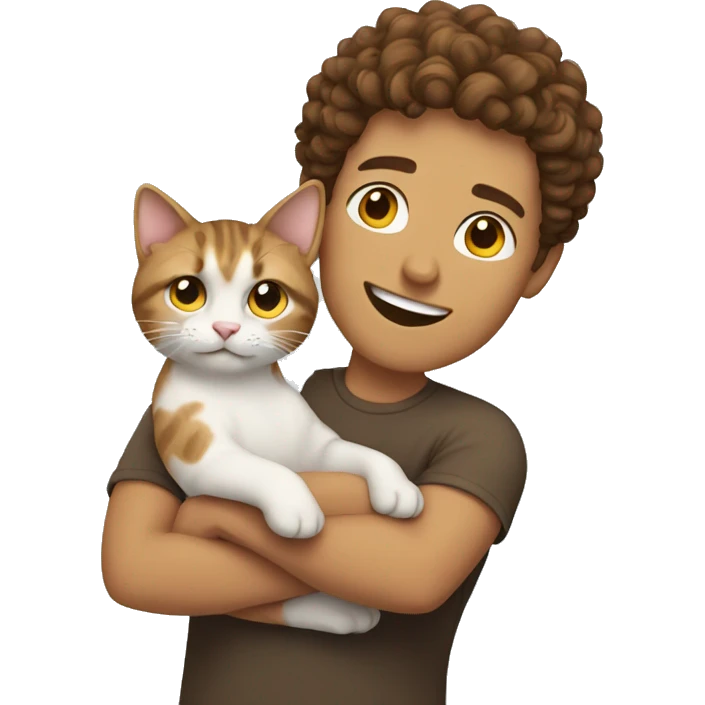Guy with short brown curly hair holding a cat emoji