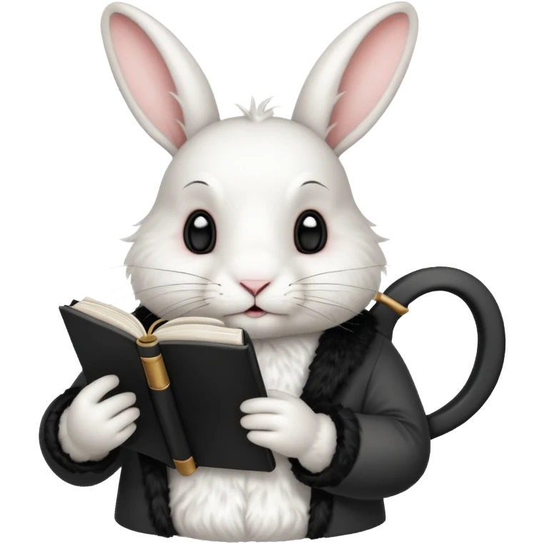  white rabbit with black book and tea cup emoji