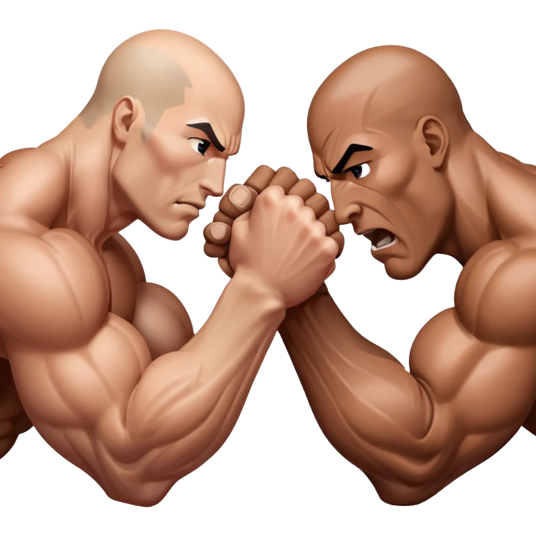 Two hands locked in an intense arm wrestling match, muscles straining as they battle for dominance. The background is minimal, focusing on the power and tension of the gripping hands, showcasing strength and determination. Transparent background. emoji