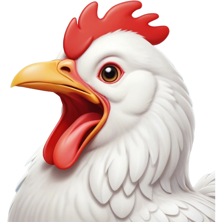 Cinematic Cute Yawning White Chicken Portrait Emoji, Head tilted slightly with a dramatic, wide-open yawn, showcasing a soft, fluffy white plumage with a crisp red comb and drooping wings, round beady eyes barely open in drowsy contentment, Simplified yet irresistibly adorable features, highly detailed, glowing with a soft, cozy glow, high shine, relaxed yet expressive, stylized with a touch of whimsy, bright and endearing, soft glowing outline, capturing the essence of a sleepy yet affectionate chicken, so drowsy it feels like it could stretch out of the screen and curl up for a nap! emoji
