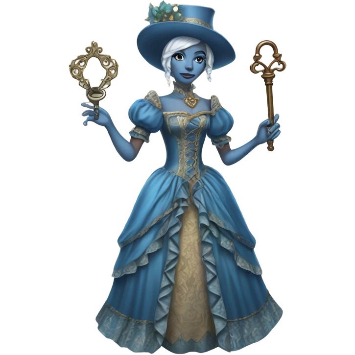 elf blue woman login holding a big key in victorian dress, full body emoji