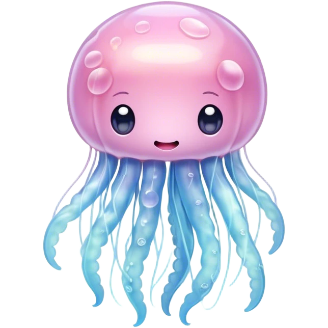 Cinematic floating kawaii jellyfish, tiny round body, soft glowing tentacles, pastel pink and blue hues, delicate sparkling highlights, dreamy and adorable. emoji
