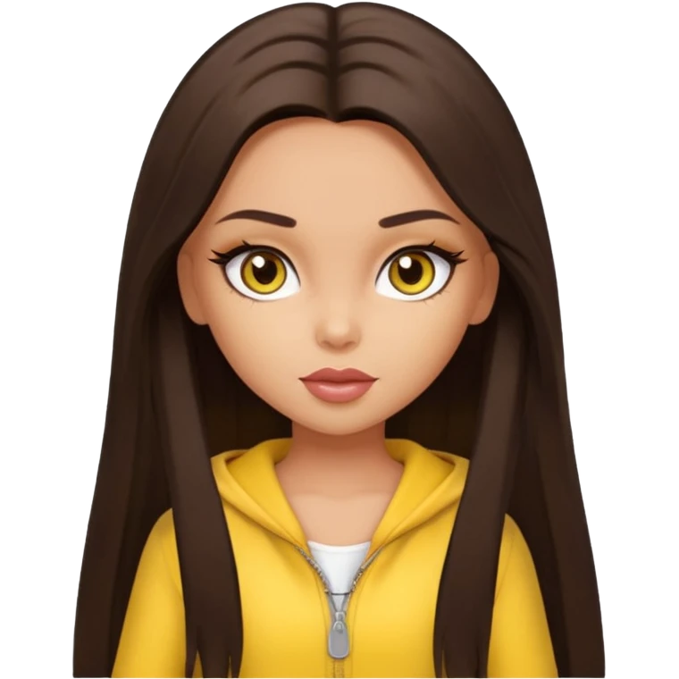 Bratz Sasha Dark brown long hair hazel eyes, yellow outfit emoji